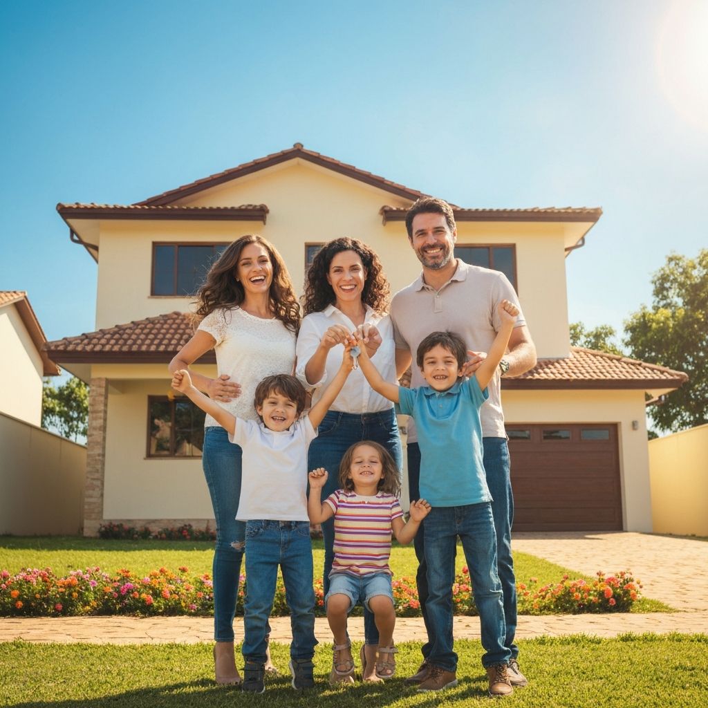 Família feliz realizando o sonho da casa própria